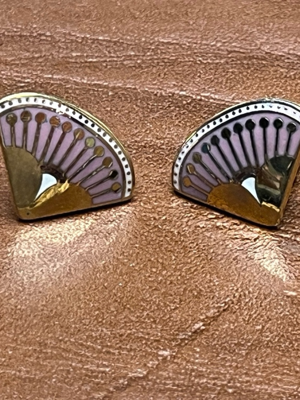 Laurel Burch “Catherine” Enamel Fan Earrings Pink Gold Tone Stud .5” Signed